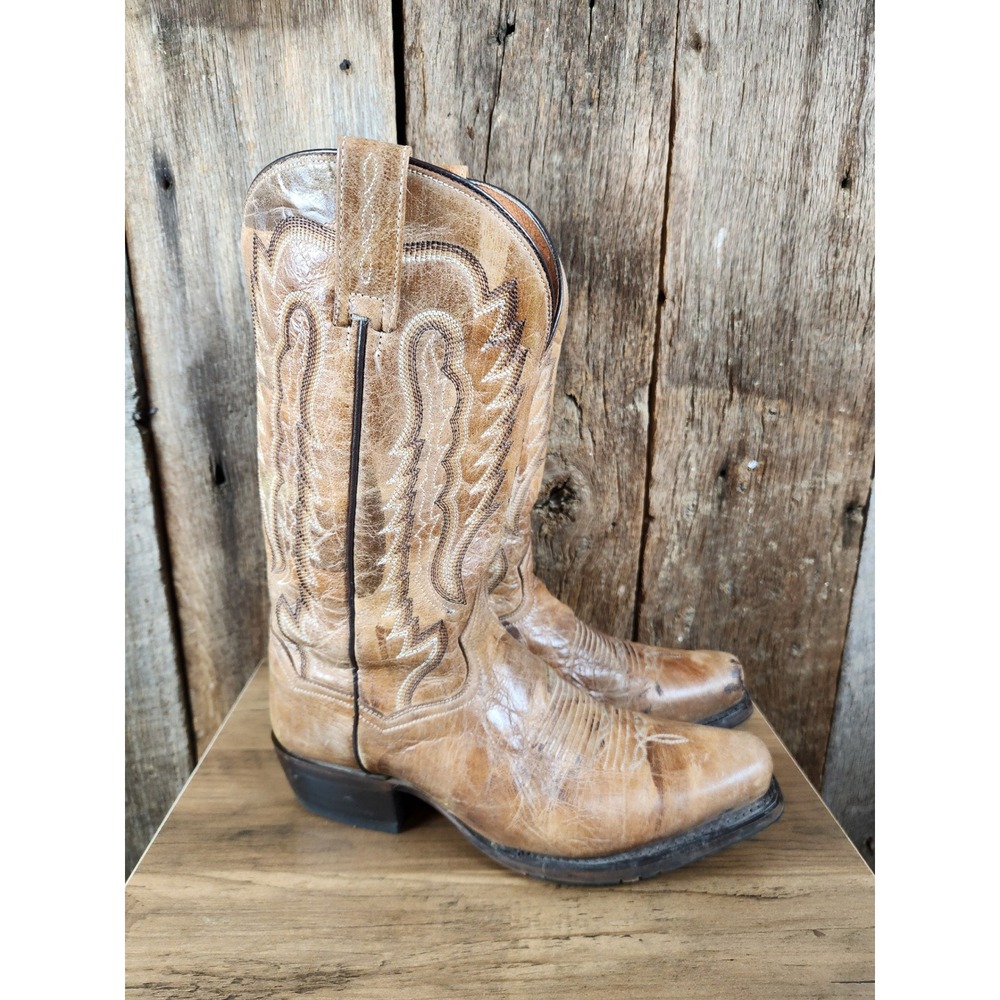 Dan Post Mens Tan Distressed Leather Square Toe Western Cowboy Boots Stitching